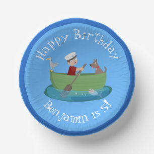 Cute boy sailor and dog rowing boat cartoon paper bowls