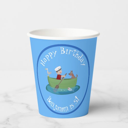 Cute boy sailor and dog rowing boat cartoon paper cups