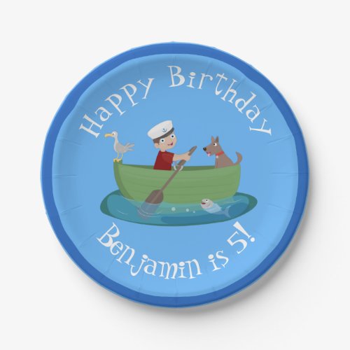 Cute boy sailor and dog rowing boat cartoon paper plates