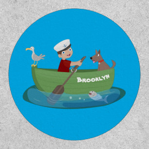 Cute boy sailor and dog rowing boat cartoon patch