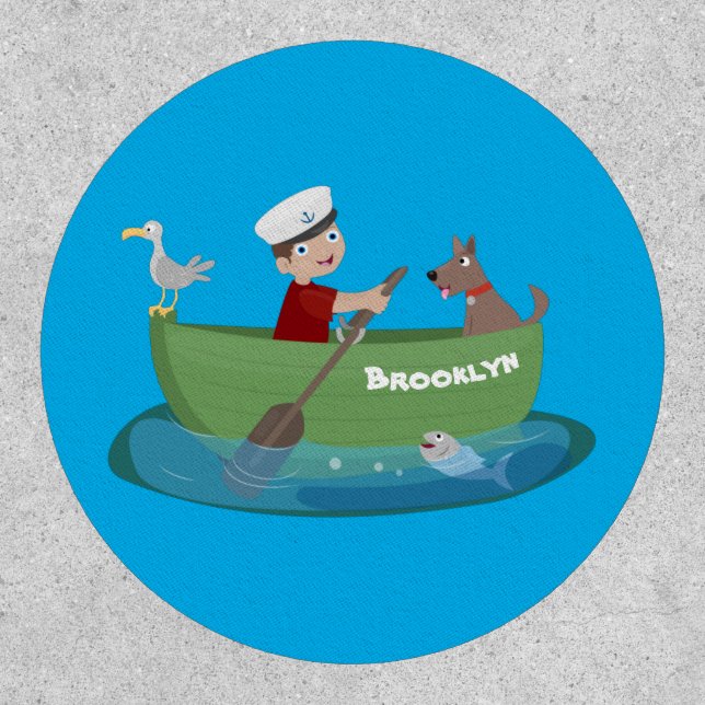 Cute boy sailor and dog rowing boat cartoon patch (Front)