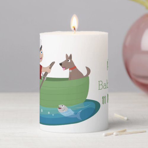 Cute boy sailor and dog rowing boat cartoon pillar candle