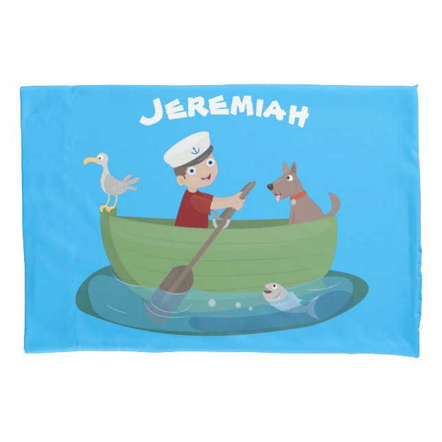 Cute boy sailor and dog rowing boat cartoon pillow case (Front)