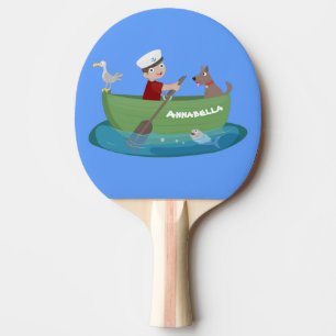 Cute boy sailor and dog rowing boat cartoon ping pong paddle