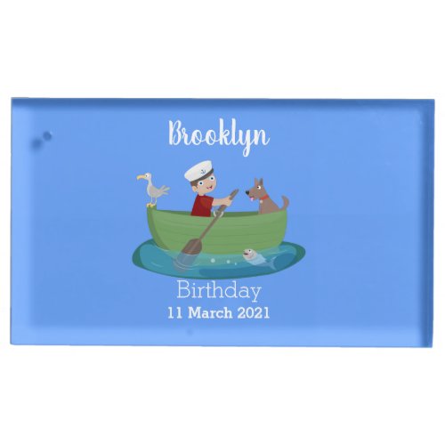 Cute boy sailor and dog rowing boat cartoon place card holder