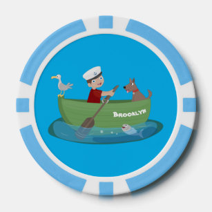 Cute boy sailor and dog rowing boat cartoon poker chips