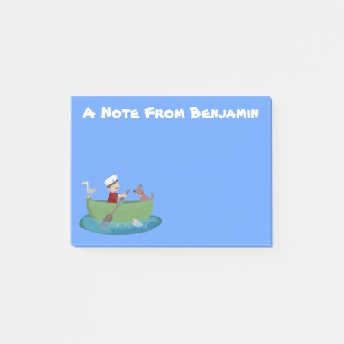 Cute boy sailor and dog rowing boat cartoon post_it notes