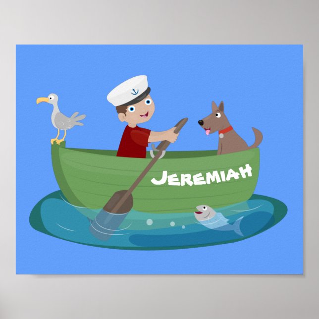 Cute boy sailor and dog rowing boat cartoon poster (Front)