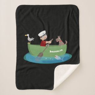Cute boy sailor and dog rowing boat cartoon  sherpa blanket