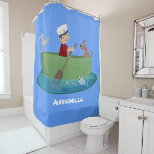 Cute boy sailor and dog rowing boat cartoon shower curtain
