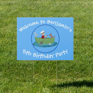 Cute boy sailor and dog rowing boat cartoon sign