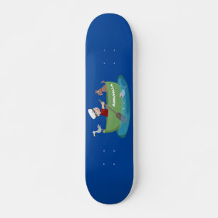 Cute boy sailor and dog rowing boat cartoon skateboard