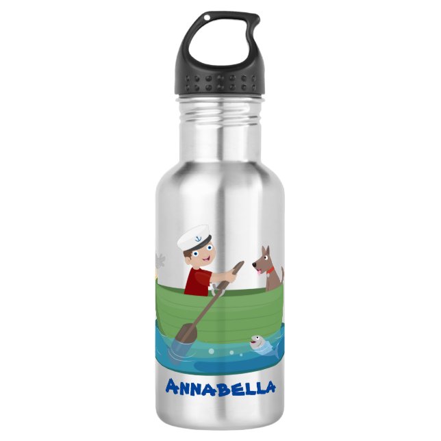 Cute boy sailor and dog rowing boat cartoon stainless steel water bottle (Front)