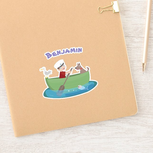 Cute boy sailor and dog rowing boat cartoon sticker (Notebook)