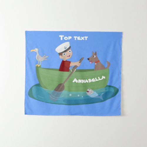 Cute boy sailor and dog rowing boat cartoon  tapestry