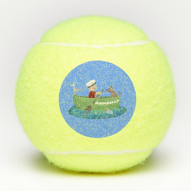 Cute boy sailor and dog rowing boat cartoon tennis balls (Front)