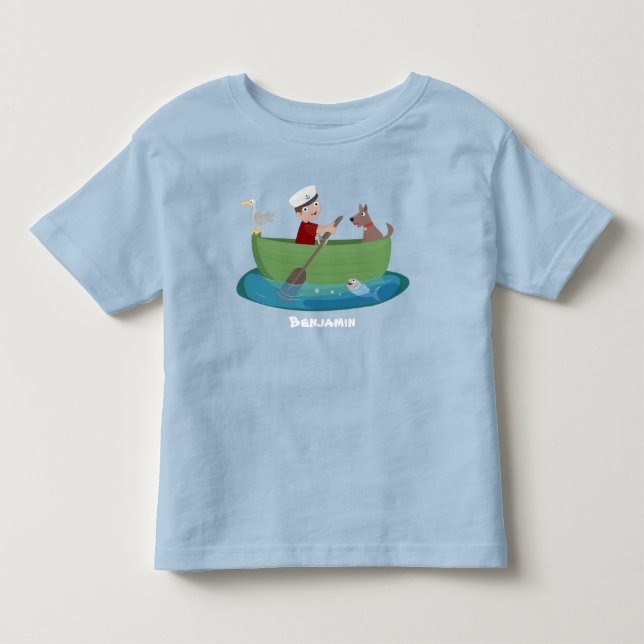 Cute boy sailor and dog rowing boat cartoon toddler t-shirt (Front)