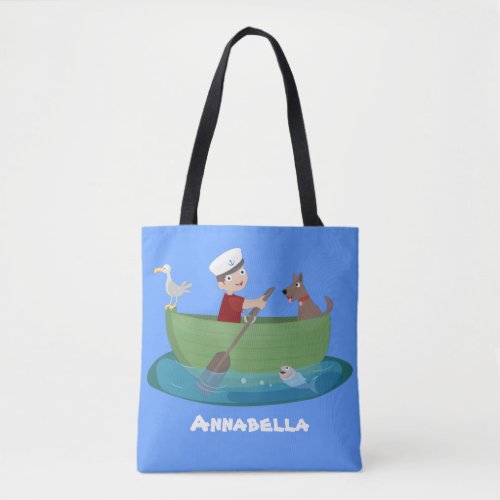 Cute boy sailor and dog rowing boat cartoon tote bag