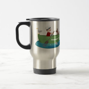 Cute boy sailor and dog rowing boat cartoon travel mug
