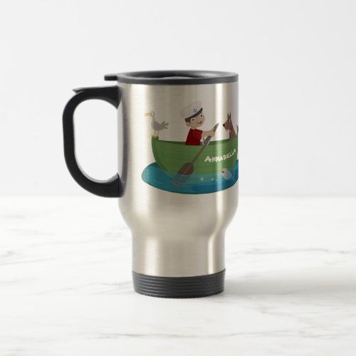 Cute boy sailor and dog rowing boat cartoon travel mug