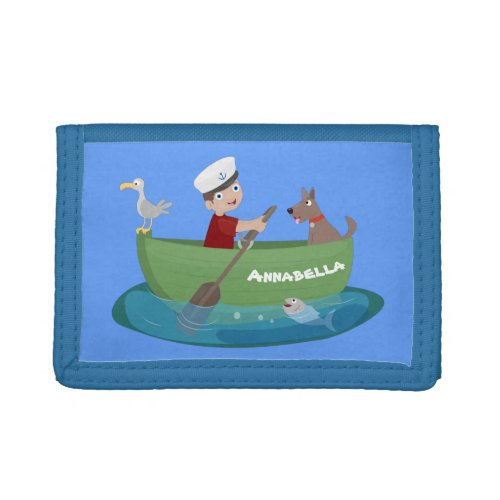Cute boy sailor and dog rowing boat cartoon trifold wallet