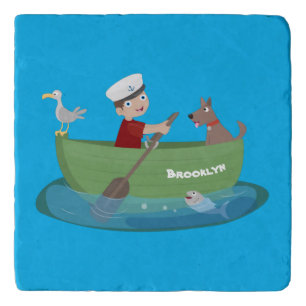 Cute boy sailor and dog rowing boat cartoon trivet