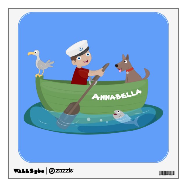Cute boy sailor and dog rowing boat cartoon wall decal (Front)