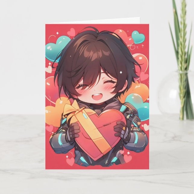 Cute Boy Sci-Fi Anime Love Holiday Card (Front)