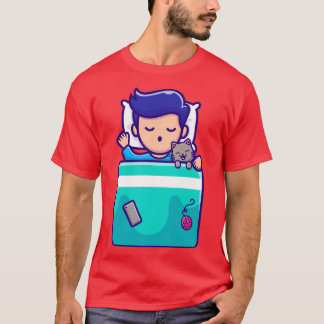 Cute Boy Sleeping With Cat Cartoon T-Shirt