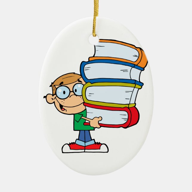 cute boy student with lots of books ceramic ornament (Front)