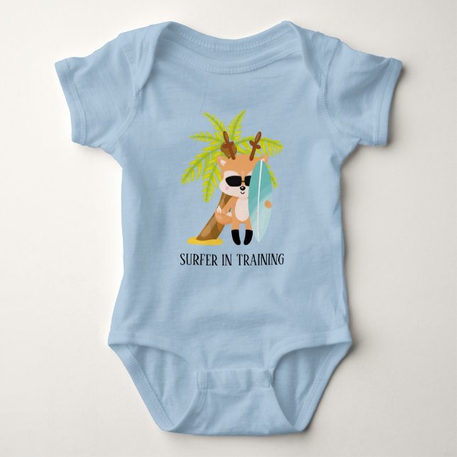 cute boy surfer in training baby bodysuit (Front)