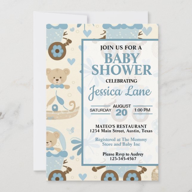 Cute Boy Teddy Bear Baby Shower Invitation (Front)