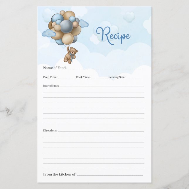 Cute boy teddy bear blue brown balloons recipe (Front)