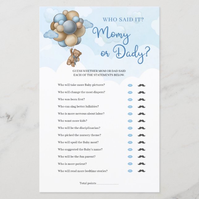 Cute boy teddy bear brown balloons Mommy or Daddy  (Front)