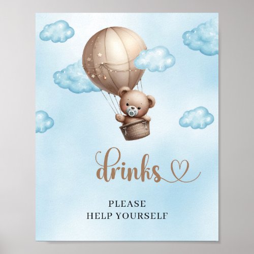 Cute boy Teddy bear hot air balloon drinks sign