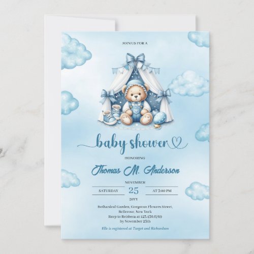Cute boy teddy bear in tent blue brown ivory boy invitation