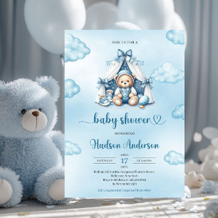 Cute boy teddy bear in tent blue brown ivory boy invitation