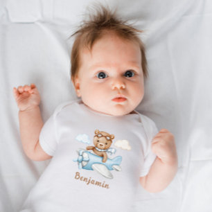Cute Boy Teddy Bear Littlle Pilot Personalized Baby Bodysuit
