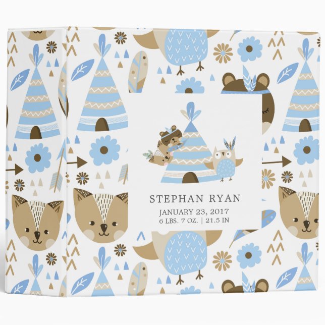 Cute Boy Tribal Woodland Animals Baby Photo Album 3 Ring Binder (Front/Spine)