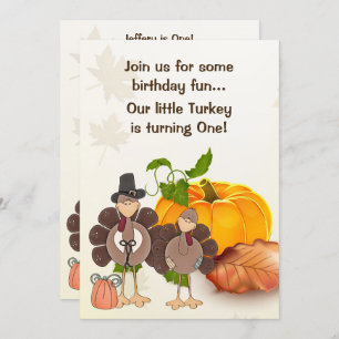 Cute Boy Turkey Thanksgiving 1st Birthday Invitation