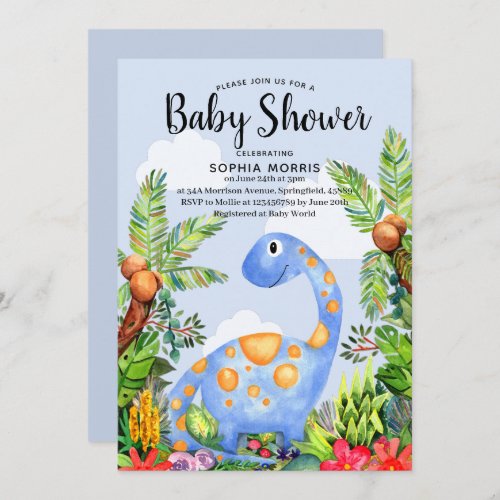 Cute Boy Watercolor Dinosaur Modern Baby Shower Invitation