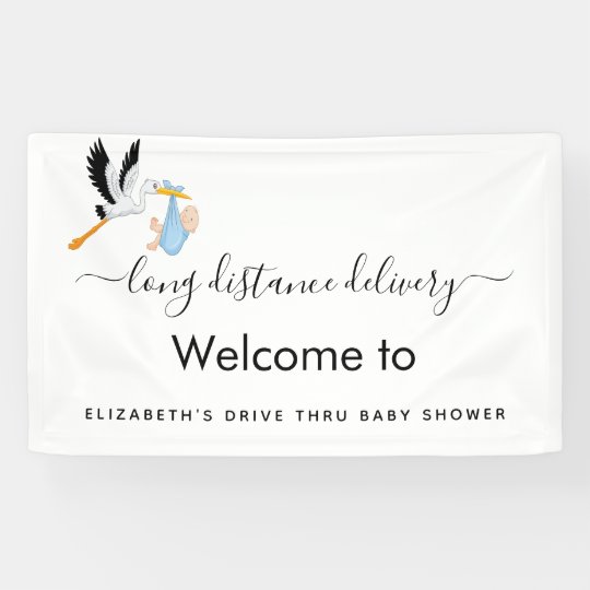 Cute boy white stork drive thru baby shower banner