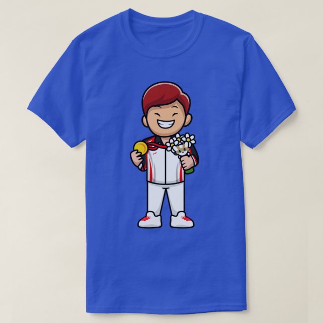 Cute Boy Winning Champion Cartoon T-Shirt (Design Front)
