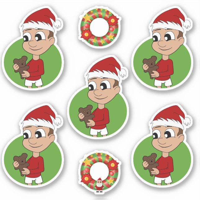 Cute boy with a teddy bear Christmas Sticker (Front)