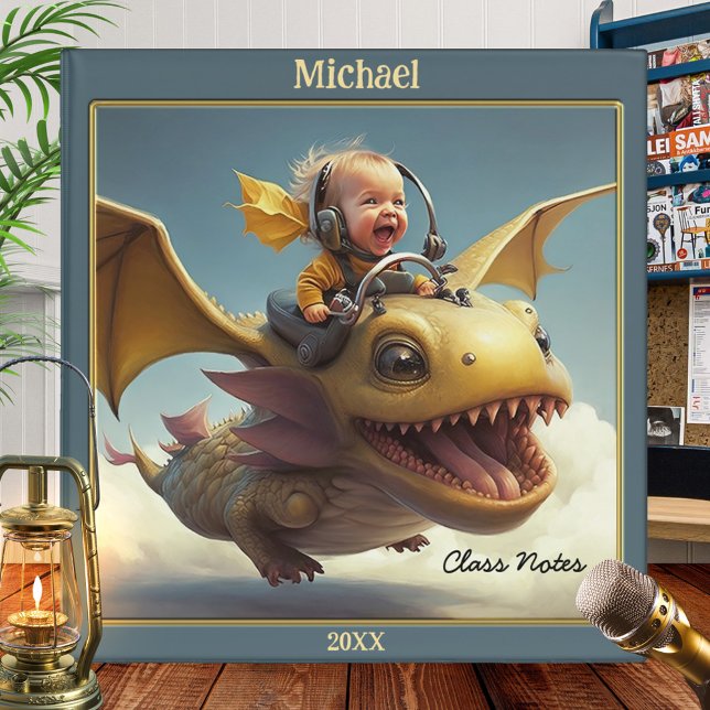 Cute Boy with Dragon Back to School Binder (A cute binder featuring a boy flying through the skies on a happy dragon.)