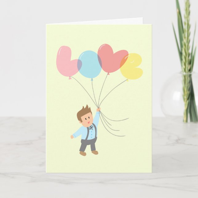 Cute Boy with Letter Balloons that Spell Love Holiday Card (Front)