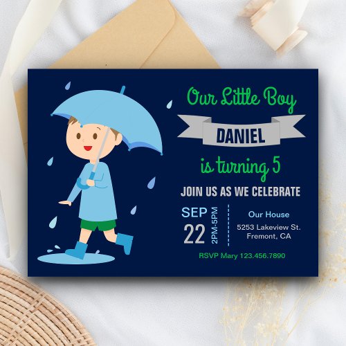 Cute Boy with Umbrella  Rainy Day Birthday Party Invitation