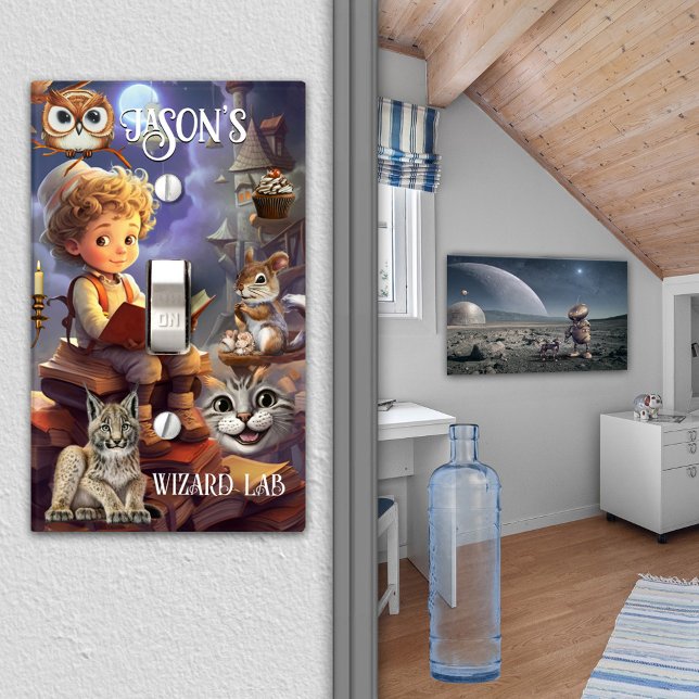 Cute Boy Wizard Lab Fantasy Light Switch Cover (Light switch cover featuring an image of a boy wizard surrounded by all sorts of animals and cats)