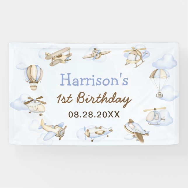 Cute Boy's Airplane Theme 1st Birthday Party Banner (Horizontal)