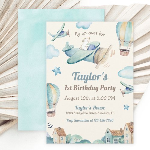 Cute Boys Airplane Theme 1st Birthday Party Invitation